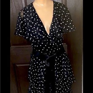 Vintage 80s Polka Dot Midi Dress Black White Flutter Sleeve Pat Richards Size 8